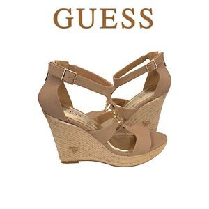 Guess Janessa Platform Wedge Sandal – Beige with Gold-Tone | Sz. 10 | NWOT 🔥